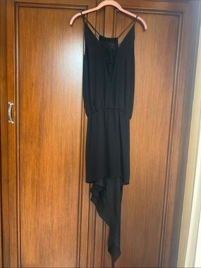 Black Asymmetrical High-Low Slip Dress with Lace V-Front